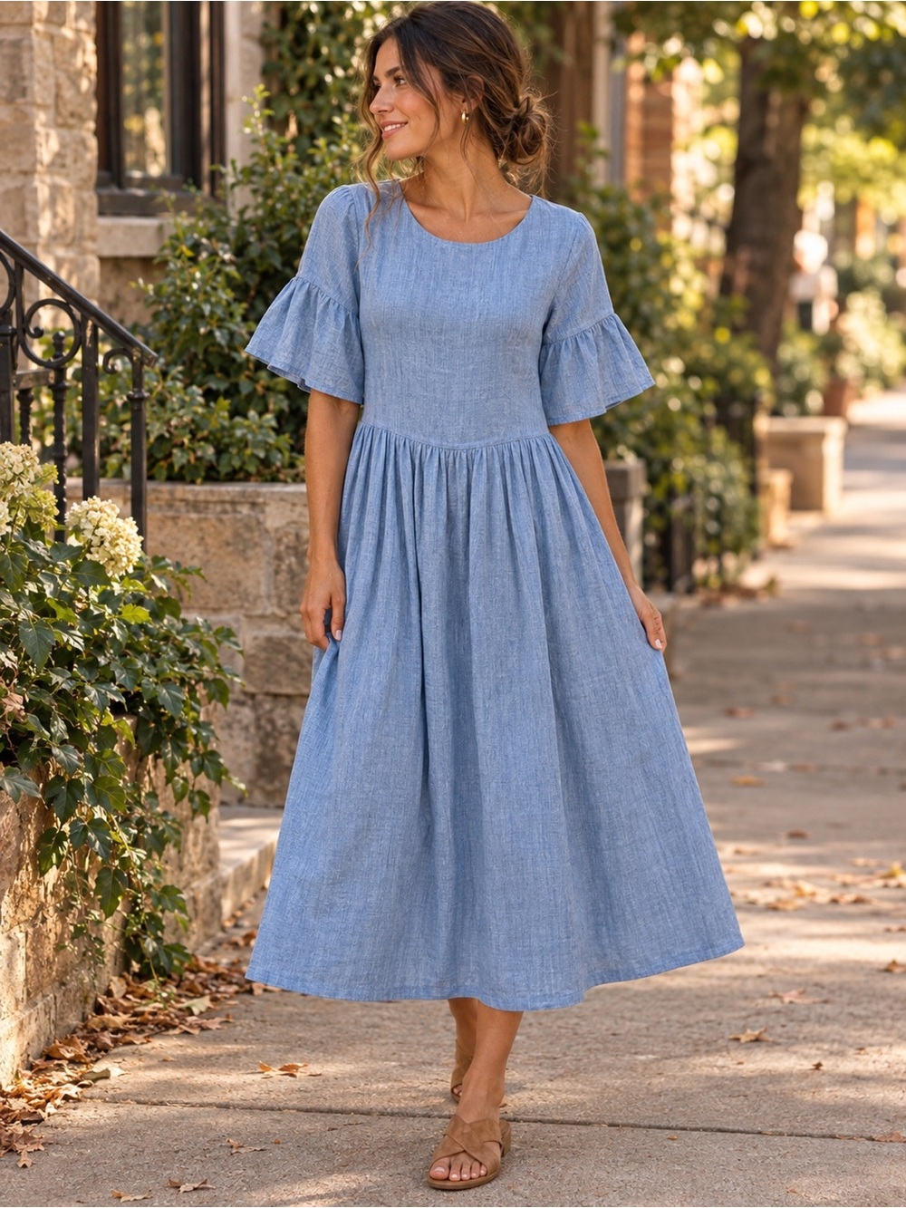 A Dip of Darling Blue Midi Dress XS Bell Sleeve Cottagecore Boho